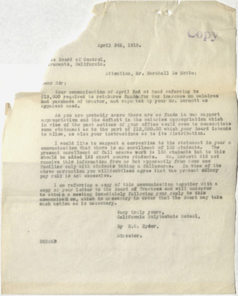 [Correspondence with State Board of Control], April 1919 thumbnail