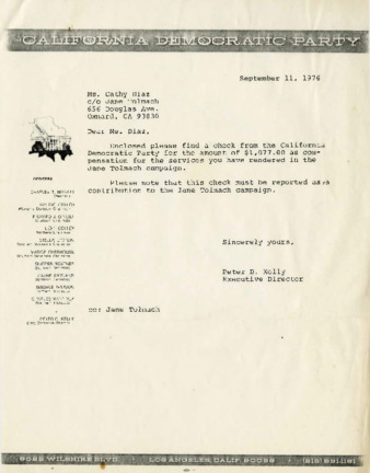 Letter to Jane Tolmach from Peter D. Kelly, Executive Director of the California Democratic Party thumbnail