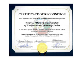 Certificate of Recognition, The City Council of the City of Moorpark thumbnail