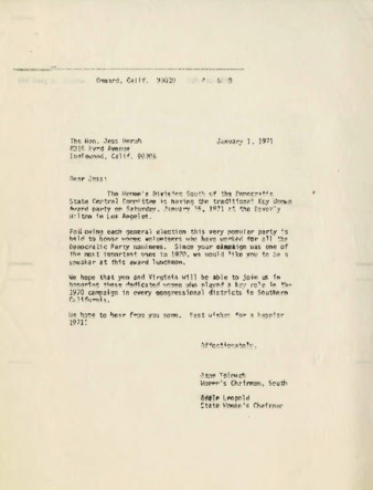 Letter to Jess Unruh from Jane Tolmach and Adele Leopold thumbnail