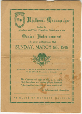 Beethoven Männerchor invites its members and their friends to participate in the musical entertainment to be given at Beethoven Hall, Sunday, March 9th, 1919, San Antonio, TX thumbnail
