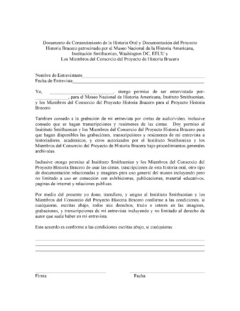 The Bracero History Project Interview Release Form in Spanish thumbnail