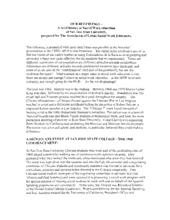 "Our Beginnings: A Brief History of Social Work Education at San Jose State University" by Simon Dominguez, 1999 thumbnail