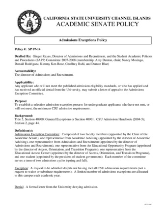 SP 07-14 Admissions Exceptions Policy thumbnail