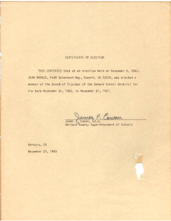 November 1983 Certificate of Election Board of Oxnard School District thumbnail
