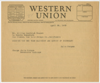 Telegram from Julia Morgan to William Randolph Hearst, April 29, 1933 thumbnail