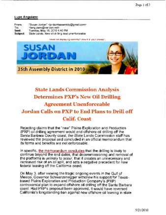 State Lands Commission Analysis Determines PXP's New Oil Drilling Agreement Unenforceable Jordan Calls on PXP to End Plans to Drill off California Coast thumbnail