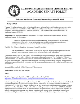 SP 07-23 Policy on Intellectual Property (Interim) - Supersedes SP 04-41 thumbnail