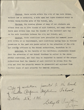 Resolution presented to Board of Trustees, California Polytechnic School, October 28,1911 thumbnail