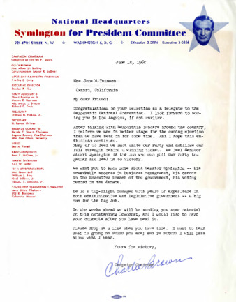 National Headquarters Symington for President Committee Letter to Jane Tolmach thumbnail