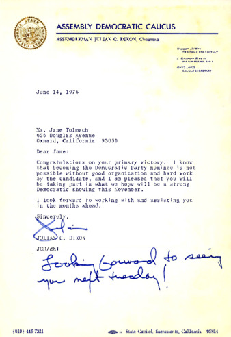 Letter to Jane Tolmach from Assemblyman Julian C. Dixon thumbnail