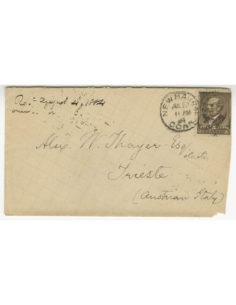 Envelope for a letter sent to A. W. Thayer from New Haven, Conn., on 20 July 1884, sender unknown. thumbnail