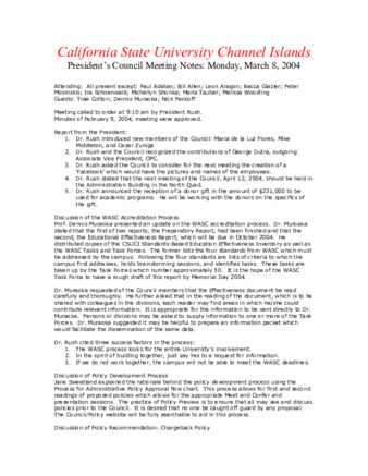 California State University Channel Islands: President's Council Meeting Notes: Monday, March 8, 2004 thumbnail