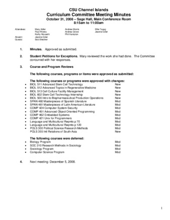 Curriculum Committee Meeting Minutes for November 14, 2008 thumbnail