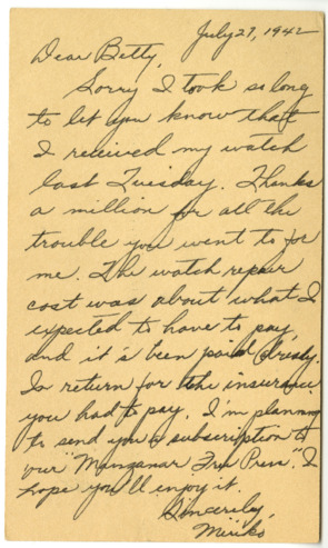 Correspondence from Miriko Nagahama to Betty Salzman, July 27, 1942 thumbnail
