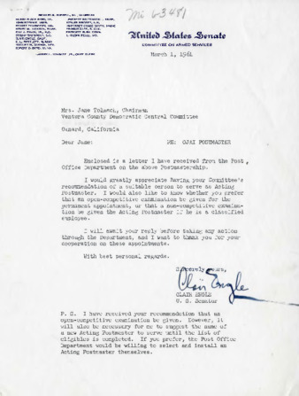 Letter from Senator Clair Engle thumbnail