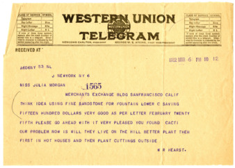 Telegram from William Randolph Hearst to Julia Morgan, March 6, 1922 thumbnail