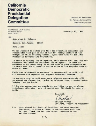 Letter to Jane Tolmach from Charles Warren thumbnail