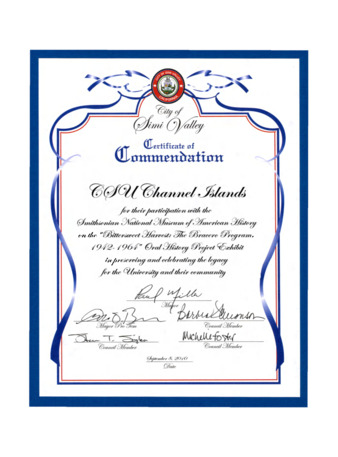 City of Simi Valley: Certificate of Commendation for Bittersweet Harvest: The Bracero Program 1942-1964 thumbnail