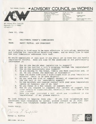 Letter to California Women's Commission from Nancy Riffle thumbnail