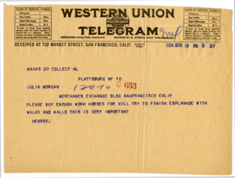 Telegram from William Randolph Hearst to Julia Morgan, March 10, 1924 thumbnail