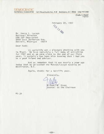 Letter from Michael R. Steed of the Democratic National Committee, February 22, 1982 thumbnail
