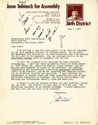 Letter to Assemblyman John Vasconcellos from Jane Tolmach thumbnail
