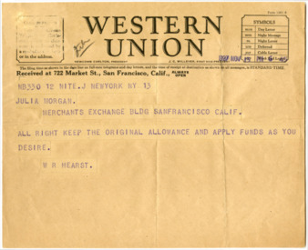 Telegram from William Randolph Hearst to Julia Morgan, November 13, 1927 thumbnail