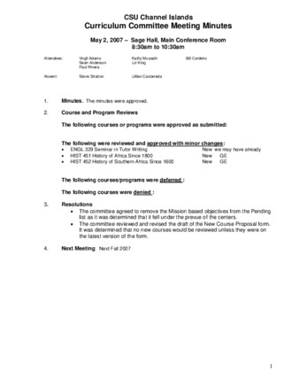 Curriculum Committee Meeting Minutes for May 9, 2007 thumbnail