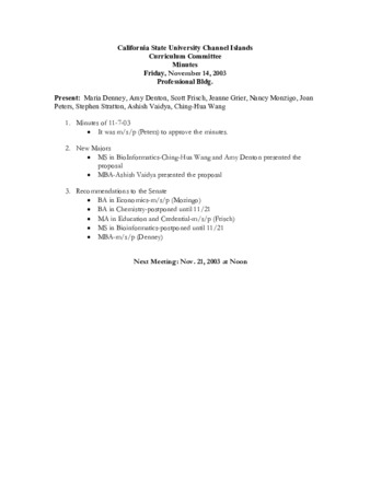 Curriculum Committee Meeting Minutes for November 14, 2003 thumbnail