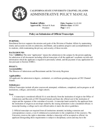 SA.02.010 - Policy on Submission of Official Transcripts (Superseded by SA.02.013) thumbnail