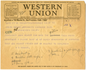 Telegram from William Randolph Hearst to Julia Morgan, January 19, 1929 thumbnail