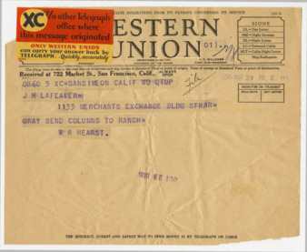 Telegram from William Randolph Hearst to J. H. LeFeaver, October 29, 1935 thumbnail