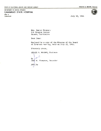 Letter to Jane Tolmach; from Jack W. Thompson thumbnail