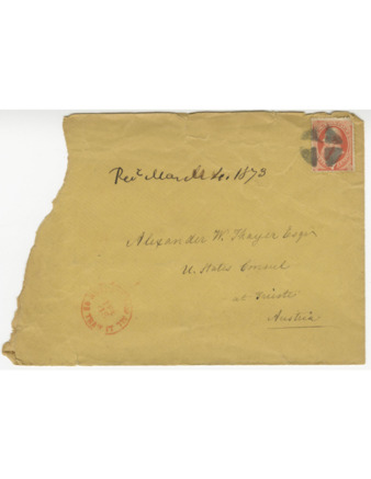 Envelope for a letter sent to A. W. Thayer in Trieste from an unidentified sender on Feb. 15, 1873 thumbnail
