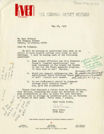 Letter to Jane Tolmach from Arla Crane, KVEN News thumbnail