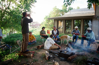 Kaber farm, Student volunteers around campfire 002 thumbnail