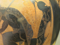 Attic black-figure amphora | Amphora with Achilles and Ajax Gaming and the Dioskouroi at Home After the Hunt thumbnail