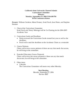 Curriculum Committee Meeting Minutes for September 13, 2004 thumbnail