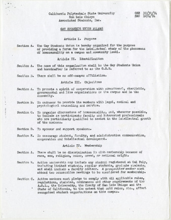 Gay Students Union bylaws, 1974 [photocopy] thumbnail