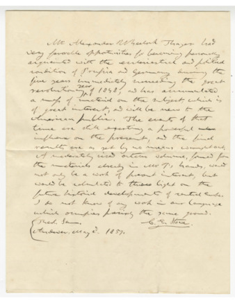Testimonial letter for A. W. Thayer from Calvin Ellis Stowe, 2 May 1857 thumbnail