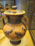 Attic black-figure amphora | Amphora with Achilles and Ajax Gaming and the Dioskouroi at Home After the Hunt thumbnail