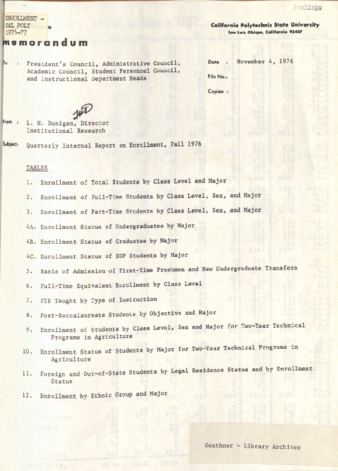Quarterly internal report on enrollment, Fall 1976 thumbnail