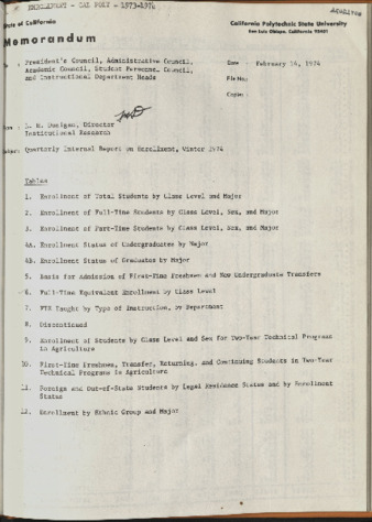Quarterly Internal Report on Enrollment, Winter 1974 thumbnail