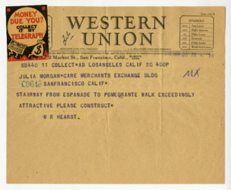 Telegram from William Randolph Hearst to Julia Morgan, March 20, 1928 thumbnail