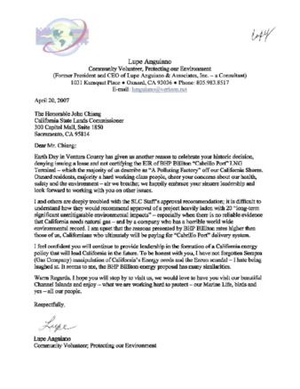 Letter from Lupe Anguiano to John Chiang regarding the Liquid Natural Gas (LNG) Project thumbnail