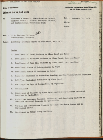 Quarterly Internal Report on Enrollment, Fall 1975 thumbnail