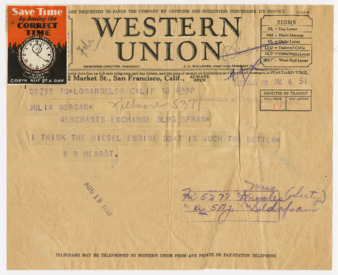 Telegram from William Randolph Hearst to Julia Morgan, August 18, 1933 thumbnail