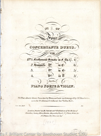 Sonata for horn and piano, op. 17, arrangement for violin & piano, published by R. Cocks thumbnail