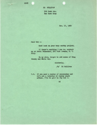 Copy of letter from Ed Sullivan to Robert Hope, November 14, 1960 thumbnail
